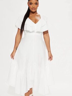 Fashion Nova White Puff-Sleeve Midi Dress